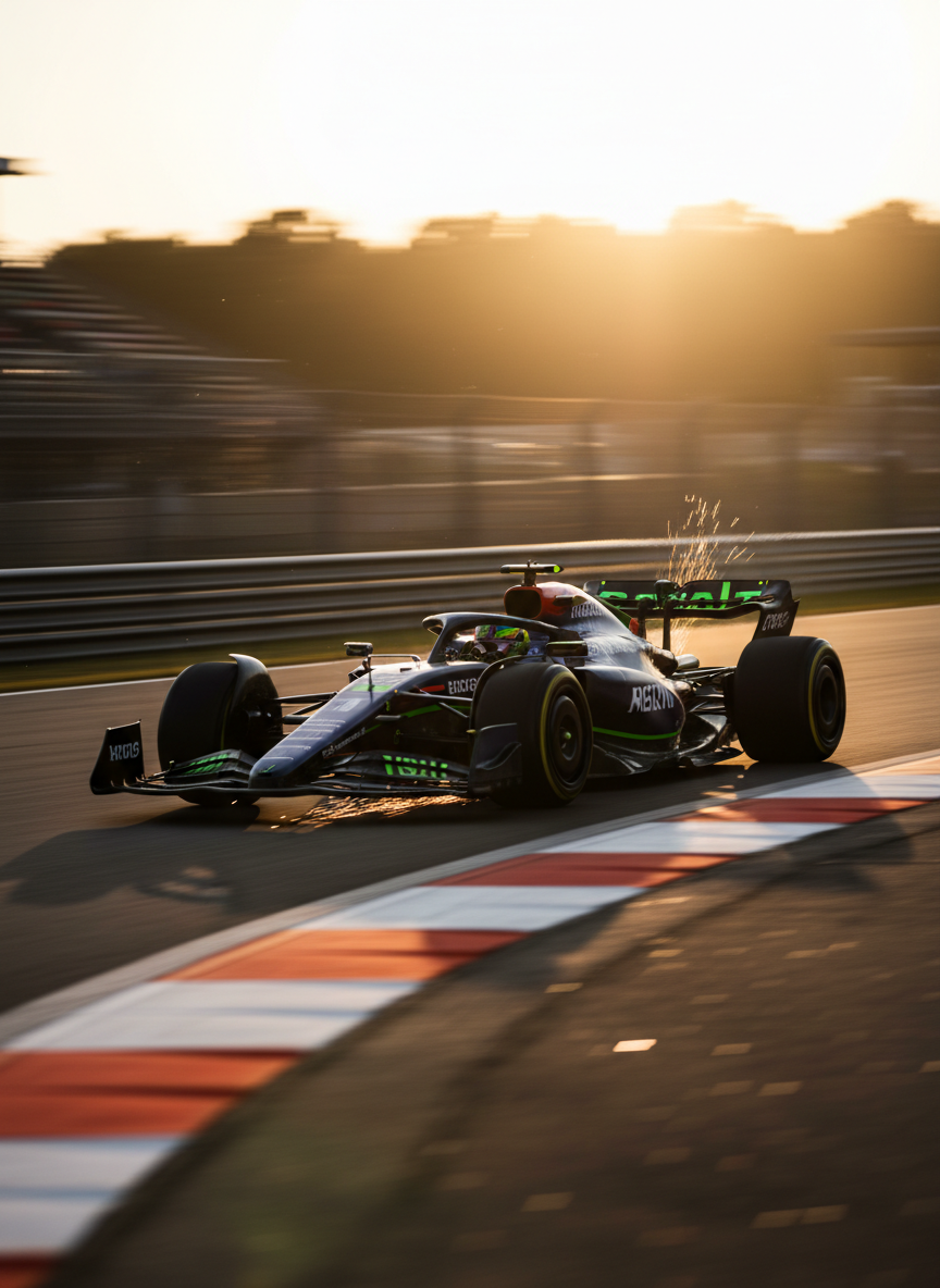A dynamic, high-speed photographic shot of an F1 car in matte dark blue and neon accents, captured mid-corner with sparks flying vividly from the titanium skid blocks under the floor. The car leans into a fast, sweeping turn on a modern circuit, curbs painted in bright red and white streaking into a colorful blur. Golden hour sunlight rakes across the scene from low on the horizon, catching the dust in the air and reflecting off the halo and rear wing, while the background grandstands dissolve into warm bokeh. The mood is raw, visceral speed. Framed from a low panning angle with motion blur on the wheels and surroundings but crystal-clear focus on the cockpit area, the image embodies the adrenaline of race weekends and bold performance analysis.