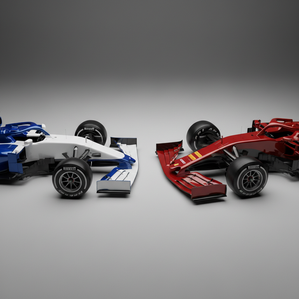 A side-by-side photographic composition of two F1 cars from different eras, positioned nose-to-nose on a neutral, matte gray studio floor. One car features a slender, high-nose design with simple wings and narrow tires, while the other displays a wide front wing, complex bargeboards, and chunky hybrid-era tires. Both cars are unbranded with clean, contrasting color schemes, emphasizing form over logos. Soft, diffused studio lighting from both sides highlights the evolving shapes and casts gentle overlapping shadows beneath. The mood is reflective yet energetic, ideal for history and evolution articles. Shot at eye level with a medium focal length, the composition uses symmetry and negative space to accentuate differences in aerodynamics, safety structures, and proportions, reinforcing the blog’s bold storytelling about F1’s changing eras.