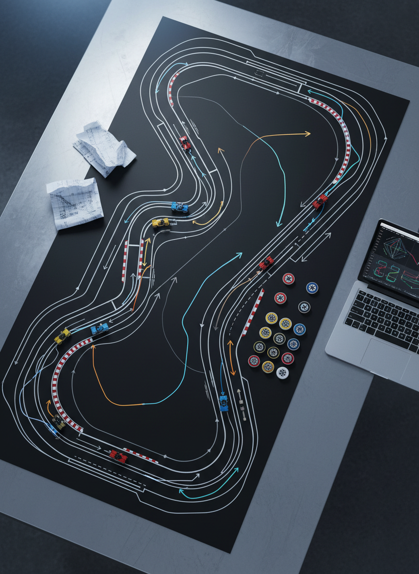 A vibrant overhead photographic view of a detailed F1 circuit layout printed on a large, matte black strategy board, with colorful magnetic car markers, tire compound icons, and stylized racing lines arranged in complex patterns. The board rests on a brushed metal tabletop with a few scattered timing sheets and an open laptop showing abstracted telemetry graphs without readable text. Cool, diffused studio lighting from above creates soft reflections and subtle shadows, emphasizing clean lines and precision. The mood is analytical and intense, suggesting deep race strategy breakdowns. Captured with sharp focus across the entire frame, the composition uses strong diagonals from the track outline to draw the eye, reflecting the blog’s focus on tactical race analysis in a bold, modern aesthetic.