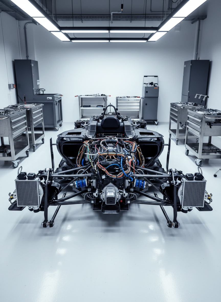 A meticulously detailed F1 car chassis without bodywork, exposing complex suspension arms, pushrods, radiators, intricate wiring, and a compact power unit, all rendered in crisp photographic realism. The bare chassis is positioned on a spotless, glossy white workshop floor with faint reflections, surrounded by neatly arranged tool trolleys and anonymous equipment with no branding or text. Cool, even workshop lighting from overhead panels produces clear visibility and minimal shadows, emphasizing engineering depth. The atmosphere is clinical, precise, and slightly futuristic, perfect for technical deep-dives. Captured from a slightly elevated wide-angle perspective, the composition allows the viewer to trace airflow paths and mechanical connections, embodying the blog’s bold, geek-level exploration of F1 technology and aerodynamics.