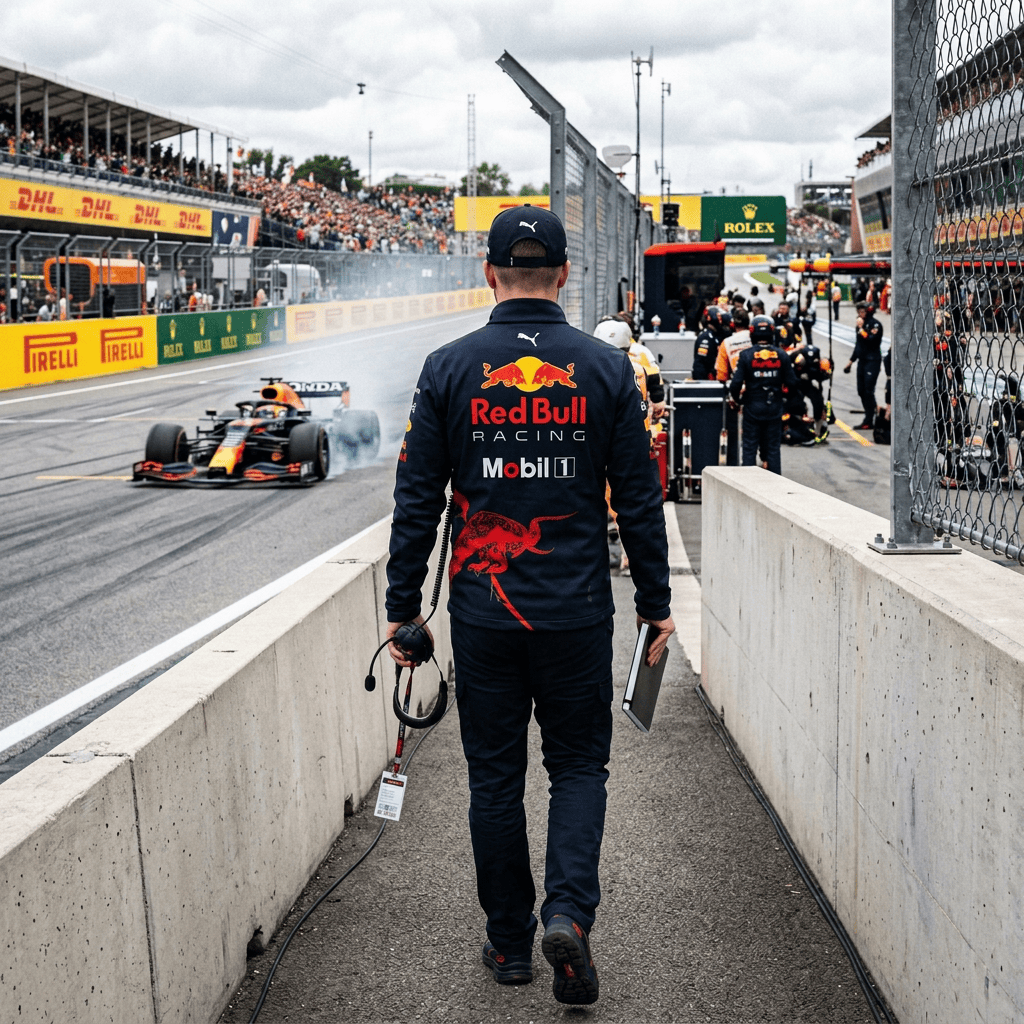 Red Bull Racing team member walking beside a Formula One car