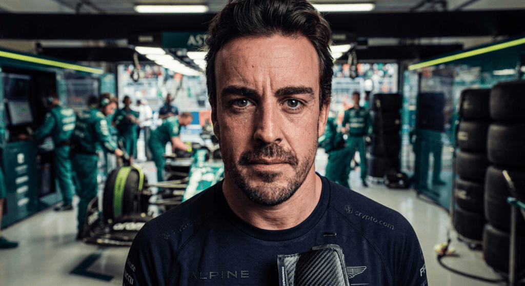 Fernando Alonso seated in an Aston Martin Formula One car in the garage