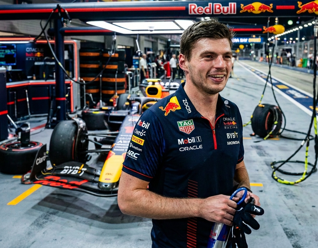 Red Bull Racing team member standing beside a Formula 1 car in pit lane