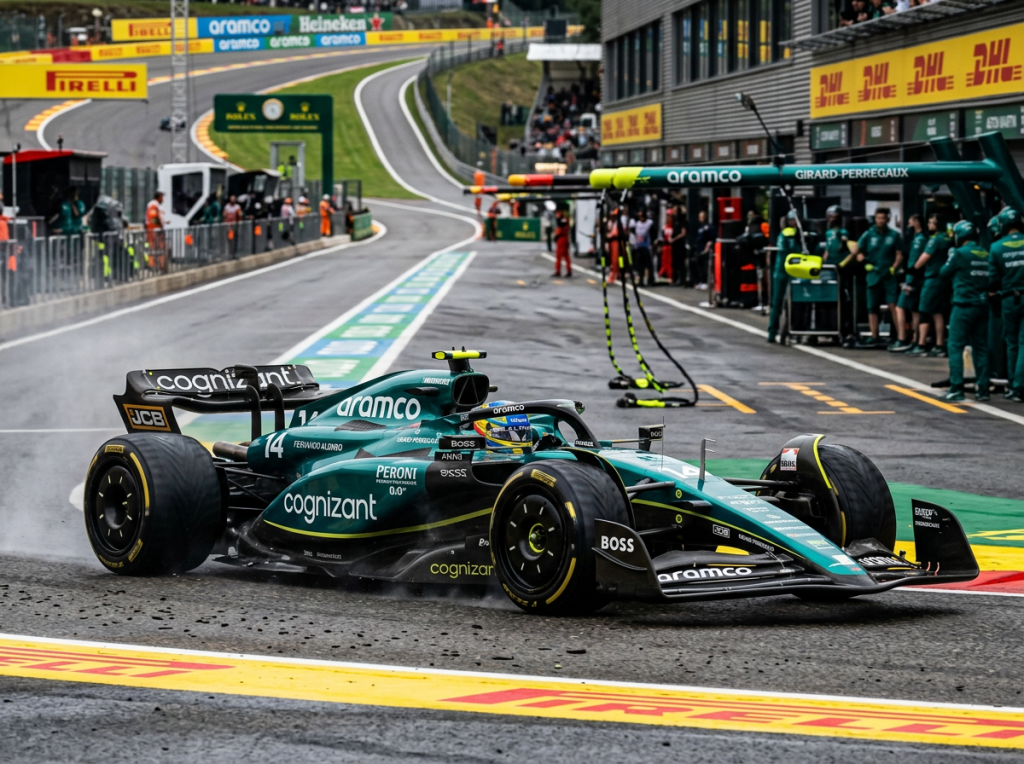 Aston Martin Formula One car entering its pit lane garage