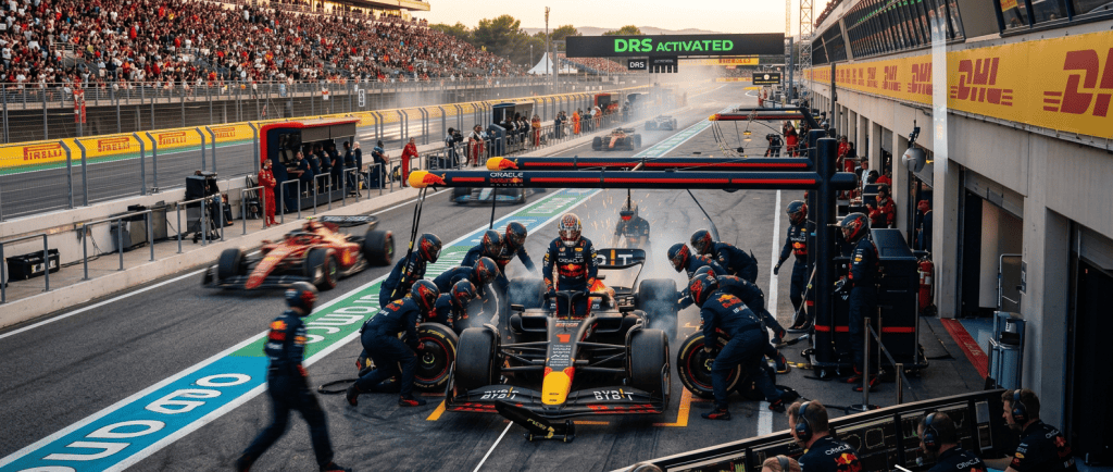 Red Bull pit stop with text: DRS ACTIVATED, SUB-3 SECOND STOP, TRACK EVOLUTION, TIRE DEGRADATION, AERODYNAMICS